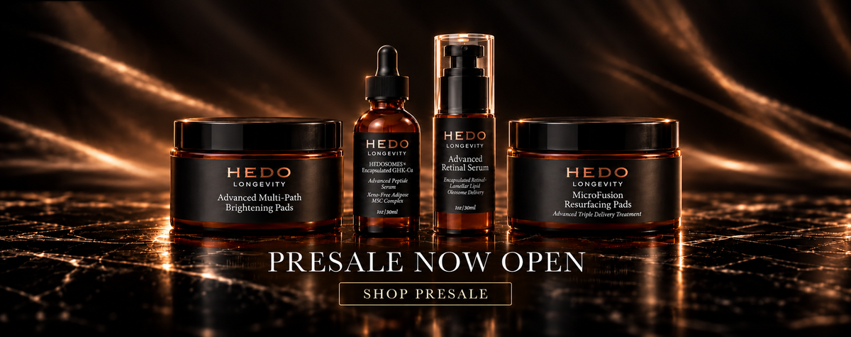 HEDO Longevity presale now open: Advanced Multi-Path Brightening Pads, HEDOSOMES Encapsulated GHK-Cu Advanced Peptide Serum, Advanced Retinal Serum and MicroFusion Resurfacing Pads. Shop presale.